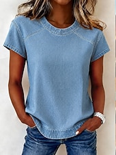 economico T-shirt semplice-Per donna Blusa con texture Patchwork Vintage Moda stile punk Western Manica Corta Girocollo Top Regolari Casuale Blu Estate Primavera