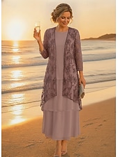 economico Set di abiti per la mamma-Due Pezzi Linea ad A Lunghezza alla caviglia Abito da cerimonia per signora Manica 3/4 Mezza Manica Scollo Tondo Elegante Semplice Lussuoso Formale Ospite di nozze Chiffon Pizzo Abiti con Giacca con