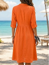 voordelige Jurken-Dames Knielengte jurk Jurken van katoen en linnen Shirtjurk Elegant Vakantie Klassiek Dagelijks Kantoor Vakantie Normale pasvorm Effen Lange mouw V-hals Rood Marineblauw Oranje Zomer Lente