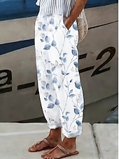  Damen Hose in Leinenoptik Weites Bein Freizeithose Sommerhose Urlaub Mode Streetwear Knöchellang Mittlere Taille Blumen Grafik Tasche Elastischer Bund Druck Bequem Komfort Atmungsaktivität Unelastisch