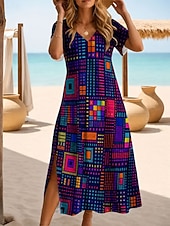 economico Abiti floreali-Per donna Abito maxi Abito a trapezio Casual Ferie Data Vestibilità regolare Floreale Grafico Leopardo Manica Corta Scollo a V Blu Rosso Viola Blu scuro Estate Primavera