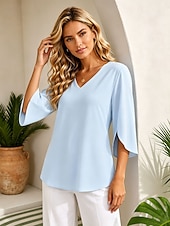  Per donna Blusa Tinta unica Vintage Elegante Classico Manica 3/4 Scollo a V Top Regolari Casuale Quotidiano Blu Estate Primavera