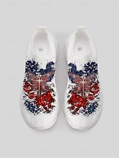  Pantofi sport negri pentru femei cu pernă de aer patriotică – adidași slip-on cu imprimeu de trandafir galaxic cu tema „4 iulie” din SUA, pentru sărbătorirea Zilei Independenței, călătorii și confort