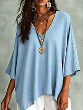  Camisa boho para mujer, estilo denim, casual, color liso, bohemia, vacaciones, uso diario, manga corta, cuello en V, crop tops, casual, diario, vacaciones, azul, negro, azul claro, verano, primavera