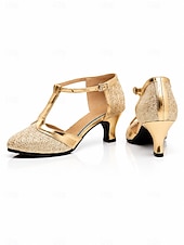 economico Scarpe da ballo di sala e danza moderna-Scarpe da ballo latino da donna con cinturino a T e glitter dorati, scarpe con tacco basso per balli da sala, salsa e tango.