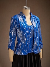  Women's Twinset Blouse Dressy Tops Evening Tops Feather Sequins Elegant 3/4 Length Sleeve Mandarin Collar Regular Tops Party Evening Wear Evening Party Sequins Royal Blue Spring Fall Winter