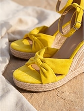 baratos Sandálias de espadrille-Sandálias espadrille femininas amarelas com plataforma e laço - sapatos sensuais de camurça com tira no tornozelo, perfeitos para férias na praia.