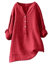 economico Camicie-Camicie da donna 100% cotone con bottoni, tinta unita, vintage, maniche lunghe, scollo a V, top lunghi, casual, rosa chiaro, curcuma, nero, verde oliva, rosso, primavera