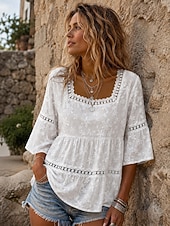 abordables Lace Tops-Women's Lace Splicing Top Ruched Texture Ruffle Elegant 3/4 Length Sleeve Square Neck Casual White Summer Spring