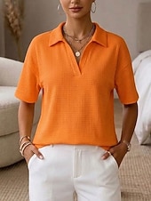  Mulheres Camiseta Camisas Polo Camisetas Tops de tricô waffle Tecido Moda à moda Básico Manga Curta Colarinho de Camisa Tops regulares Casual Diário Para Noite Azul Preto Branco Azul Céu Laranja