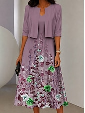 preiswerte Blumenkleid-Damen Zwei-Teiler Kleid Sets Midi Kleid mit Jacke Elegantes A-Linien Kleid Halbarm Casual Semi Formal Ombre Blumenmuster V-Ausschnitt Date Pink Blau Lila Regelmäßige Passform