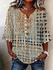  Damen Hemd Patchwork Knöpfe Druck Grafik Geometrisch Gestreift Vintage Stilvoll Dreiviertelarm V Ausschnitt Crop Tops Lässig Täglich Ferien Dunkelgrün Purpur Braun Grün Sommer Frühling