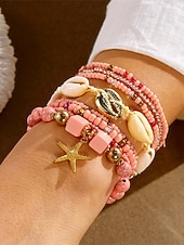baratos Pulseira Feminina-Conjunto de pulseiras femininas boho em camadas com 8 peças, pingente de estrela-do-mar e concha, em liga dourada, multifilamento, perfeitas para usar na praia, férias de verão e viagens.