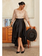 preiswerte Polished Edit-Damen A-Linie High-Low-Kleid Cocktailkleid Kleid für Hochzeitsgäste Knöchellänge Rundhalsausschnitt Dreiviertelarm Illusionsärmel Hohe Taille Elegant Mutter der Braut mit Satin Paillettenspitze