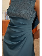 cheap Edición pulida-Women's A-Line Cocktail Dress Wedding Guest Dress Ankle Length Boat Neck Sleeveless Empire Waist Elegant Vintage Mother Of The Bride Semi Formal with Satin Sequin Lace Glitter Ruched Stretchy Ink Blue