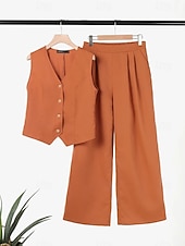 preiswerte Blusenanzüge für Damen-Damen Hosen-Sets Ärmellos V Ausschnitt Einfarbig Gerafft Elegant Lässig Täglich Schwarz Weiß Orange Frühling &amp; Sommer