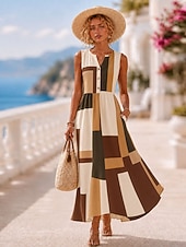  Damen Maxikleid Sommerkleid Urlaub Täglich Heim Outdoor Normale Passform Blumen Ärmellos V Ausschnitt Gelb Purpur Khaki Sommer Frühling