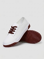 abordables Ténis de mulher-Women's White Lace-up Canvas Sneakers – Lightweight Casual Walking Shoes with Non-Slip Flexible Sole for School, Travel and Everyday Wear