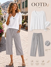  Damesblouse van katoen en linnen, met een mooie textuur, zomertopjes, effen, stijlvol, klassiek, met korte mouwen, lange mouwen, V-hals, normale pasvorm, casual, wit, lichtgroen, lichtpaars, lichtblauw, zomer, lente