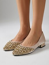 economico Ballerine da donna-Women's Sparkly Gold Crystal Pointed Toe Pumps - Elegant Rhinestone Low Chunky Heel Dress Shoes for Cocktail Party, Evening Dinner &amp; Wedding Guest