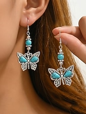 economico Orecchino da donna-Set di orecchini pendenti da donna con libellula turchese e farfalla, orecchini vintage in lega stile boho, gioielli ispirati alla natura per vacanze estive, feste in giardino, festival, regalo