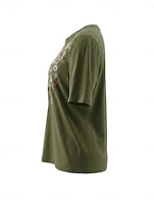  Per donna Top con cuciture in pizzo Patchwork Ricamato Bordo in pizzo Quotidiano Manica Corta Collo a V Casuale Verde militare Estate Primavera