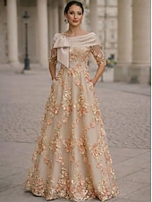 cheap A-Line Evening Dresses-A-Line Floor Length Evening Gown Formal Dress Elegant Floral Sleeveless High Neck Garden Party Wedding Satin Organza with Embroidered Flower Bow(s) Embroidery
