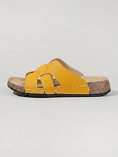 cheap Slide Sandals-Women's Yellow Cutout Comfort Footbed Slides – Wide Fit Box Open Toe Slide Sandals with Cushioned Insole &amp; Lightweight Non-Slip Outsole for Travel, Casual Wear and Everyday Comfort