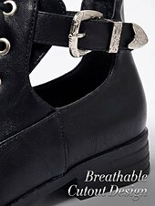 voordelige Botas de combate-Women's Black Cutout Low Heel Combat Boots – Lace-Up Ankle Boots with Adjustable Side Buckle and Durable Non-Slip Sole for Travel and Casual Wear