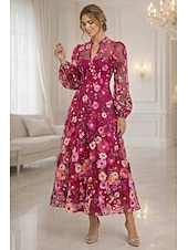voordelige Enkel Lengte-A-lijn Tot de enkel Kanten jurk Moeder van de bruid jurk Lange mouw V-hals Elegant Vintage Luxueus Formeel Bruiloft gast Bruiloft Kant Tule met 3D-bloemen Borduurwerk Bloem