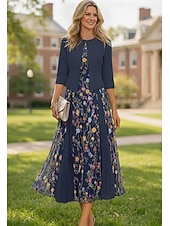 baratos Conjuntos de vestidos para mamãe-Two Piece A-Line Tea Length Wedding Guest Dress Mother of the Bride Dress Short Sleeve 3/4 Length Sleeve V Neck Elegant Simple Luxurious Formal Wedding Guest Lace Stretch Crepe with Lace Embroidery