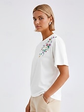 abordables Hauts brodés artisanaux-T-shirt floral brodé 100 % coton pour femmes T-shirt d'été élégants vintage tropicaux à manches courtes col rond haut régulier décontracté quotidien plage blanc été printemps automne hiver