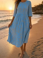cheap Floral Dress-Women's Midi Dress Shift Dress Sundress Vacation Casual Beach Going out Regular Fit Floral Graphic 3/4 Length Sleeve Crewneck Blue Summer Spring