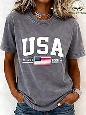  día de la independencia americana Mujer 100% Algodón Camiseta Tops lavados estilo vintage Estampado Graphic Bandera Elegante Básico Casual Manga Corta Cuello Barco Tops largos Casual Diario Azul