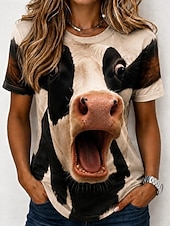 economico Maglietta Animali-Per donna Maglietta Blocco di colore Stampato Grafico Animale Mucca Vintage Elegante Classico Manica Corta Girocollo Top lunghi Casuale Quotidiano Blu Bianco Cachi Beige Estate Primavera