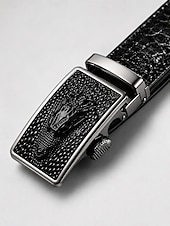 お買い得  メンズベルト-メンズ ブラック クロコダイル型押しレザー ドレスベルト、調節可能な自動バックルベルト、ビジネス、フォーマルウェア、ギフトに最適
