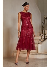 cheap Polished Edit-Women's Mermaid Trumpet Cocktail Dress Wedding Guest Dress Tea Length Boat Neck Sleeveless Elegant Vintage 1980s Mother Of The Bride Party Semi Formal with Mesh Glitter Embroidery Flared Tulle Hem