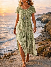  Damen Midikleid A Linie Kleid Lässig Strand Lässiger Schnitt Ombre Grafik Geometrisch Kurzarm Rundhalsausschnitt Gelb Dunkelgrün Orange Grün Sommer Frühling