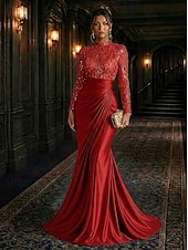 economico Abiti da Sera Sirena-Sirena Tromba Lunghezza al pavimento Abito da Sera Elegante Setoso Abito da sera stile impero Manica Lunga Collo Alto Matrimonio Formale Raso Elasticizzato Con Paillettes con Glitter Pieghe Perline