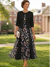 baratos Conjuntos de vestidos para mamãe-Two Piece A-Line Tea Length Wedding Guest Dress Mother of the Bride Dress Short Sleeve 3/4 Length Sleeve V Neck Elegant Simple Luxurious Formal Wedding Guest Lace Stretch Crepe with Lace Embroidery