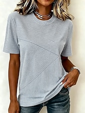 baratos Camiseta listrada e geométrica-Mulheres Camiseta Imprimir Listrado Gráfico Listrado à moda Clássico Casual Manga Curta Gola Redonda Tops regulares Casual Diário Azul Rosa Roxo Verão Primavera