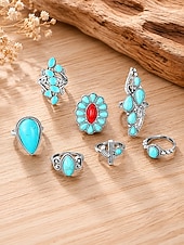 economico Anelli da donna-set di anelli turchesi da donna, anelli impilabili in lega d'argento vintage, gioielli boho sud-occidentali western da cowgirl, anelli vistosi con cactus floreali per vacanze, festival e uso