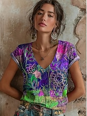 ieftine tricou floral-Pentru femei Tricou Imprimeu Floral Grafic Stilat Clasic Casual Manșon scurt În V Topuri obișnuite Casual Zilnic Albastru piscină Galben Roșu-aprins Mov Trifoi Vară Primăvară