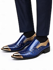 tanie Loafery-Męskie niebieskie, wyraziste buty wizytowe – eleganckie obuwie ze szpiczastym noskiem i wytłoczonym wzorem imitującym skórę krokodyla – modne buty dla dżentelmenów na imprezy, bankiety, wesela i wieczorne wydarzenia