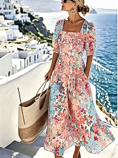 cheap Floral Dress-Women's Midi Dress A Line Dress Vacation Beach Holiday Regular Fit Floral Graphic Half Sleeve Square Neck Light Pink Pink Beige Summer Spring