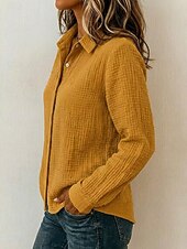  Dames 100% Katoen Button-down overhemd Textuur Knop Dagelijks Lange mouw Casual Geel Blozend Roze Beige Lente, Herfst, Winter, Zomer