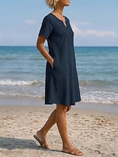  Dames Knielengte jurk Boho-jurk Kanten jurk Elegant Dagelijks Ruim Passend Effen Korte mouw V-hals Licht Blauw gebroken wit Paars Donkerblauw Zomer