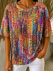  Femmes Tee-shirt Gaufre Tops tricotés texturés Graphique Géométrique Rayé Élégant Classique Manche Courte Col ras du cou Col rond Hauts Réguliers Occasionnel Quotidien Bleu Rouge Orange Bleu clair