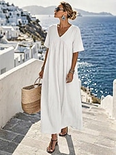  Per donna Abito maxi Abito lavato Vacanza Quotidiano Vestibilità comoda Colore Puro Manica Corta Scollo a V Blu Bianco Giallo Rosa Estate Autunno