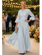 economico Tute della mamma-Tuta Completo Pantalone Lunghezza al pavimento Abito da cerimonia per signora Mezza Manica Collo gioiello Elegante Vintage Ospite di nozze Chiesa Chiffon con Piuma Paillettes Applicazioni